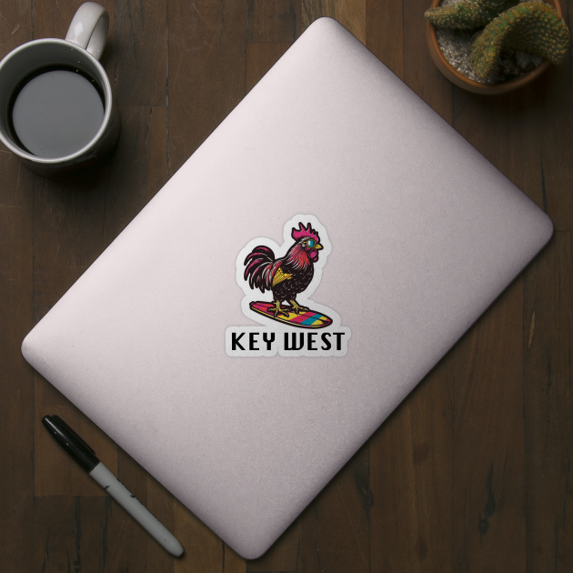 Key West Florida - Surfing Rooster (with Black Lettering) by VelvetRoom